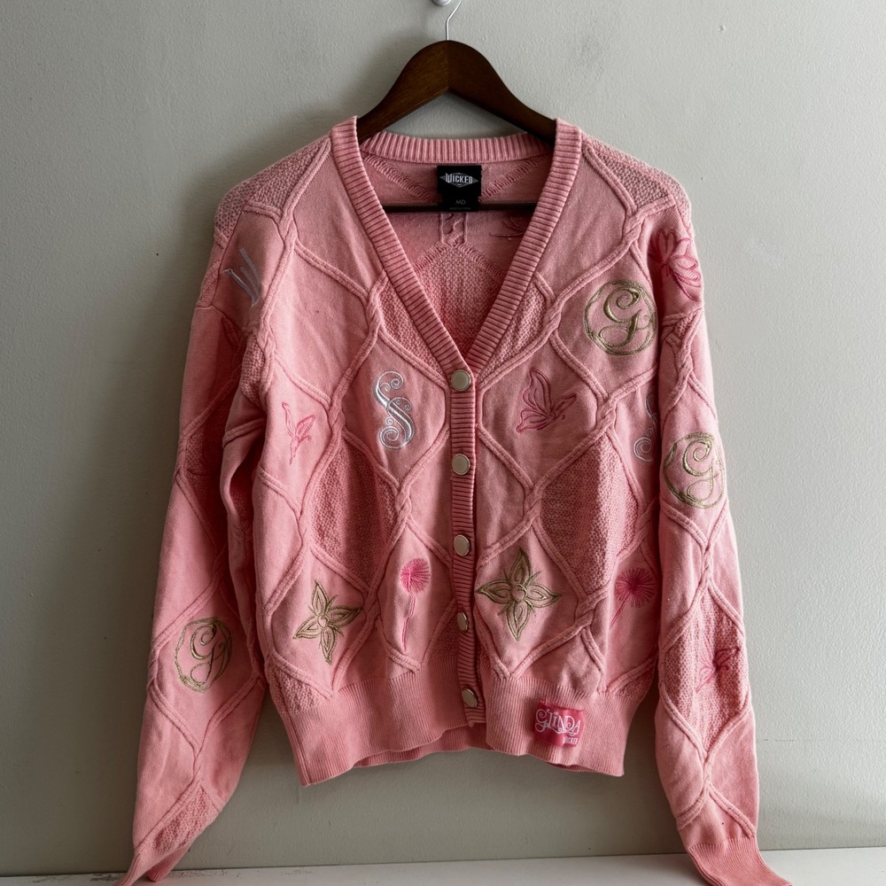 Wicked Movie Med Glinda Pink Cable Knit Cardigan Butterfly Embroidered Sweater